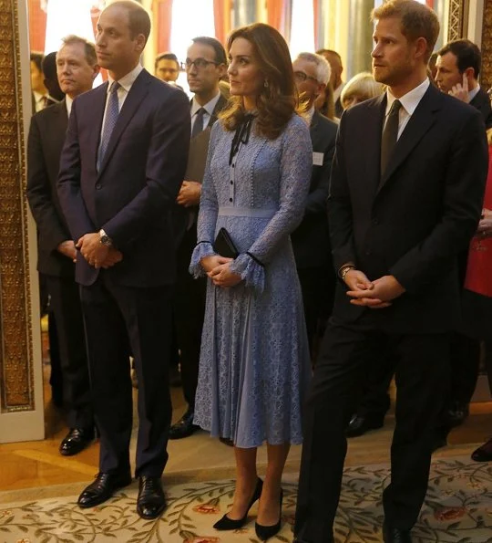 Pregnant Kate Middleton wore Temperley London Eclipse lace collar dress and KIKI McDonough Blue Diamond Drop Earrings