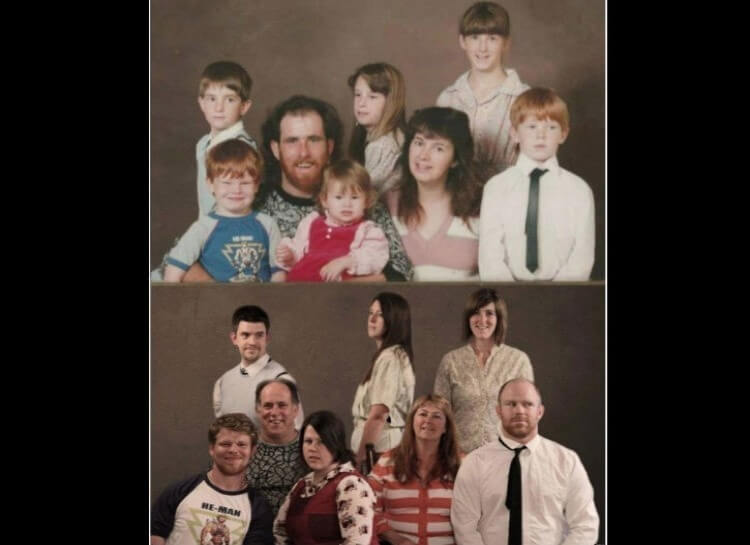 20 Hilarious Before And After Pictures Made By Adults Who Reminisced Their Childhood Years - The ideal family reenactment.