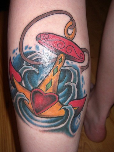 Mexican style anchor with heart tattoo on foot