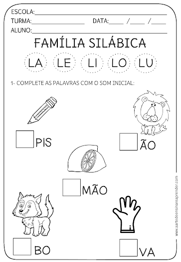 ATIVIDADE PRONTA - FAMÍLIA SILÁBICA L - A Arte de Ensinar e Aprender