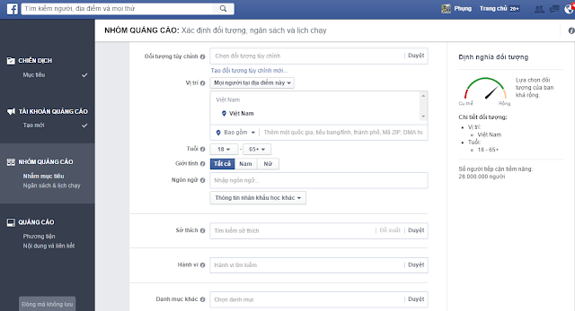 Thiết lập đối tượng quảng cáo Facebook ads