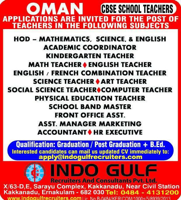 CBSE School Teacher Job Opportunities for OMan