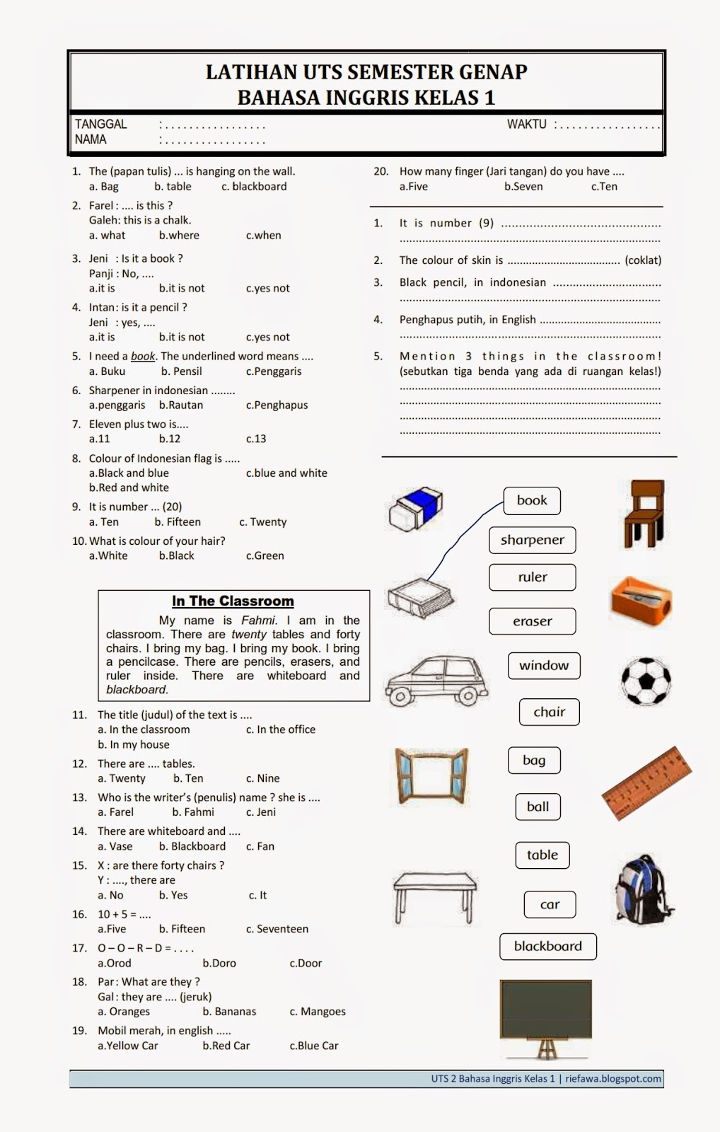 Unduh Contoh Soal UH Bahasa Inggris SD Kelas 2 Semester 1