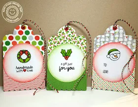 Sunny Studio Stamps: Holiday Gift Tags using Cresent Tag Topper Dies & Christmas Icons Stamps by Lindsey Sams.