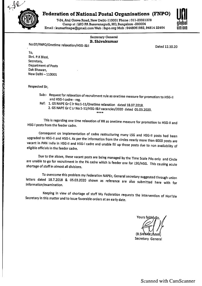 Request for relaxation of recruitment rule as one time measure for promotion to HSG -II and HSG -I cadre - Reg : SG FNPO Letter to Secretary,DoP.