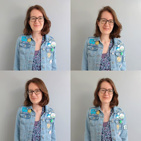 Denim jacket decorated with badges, sequins and patches