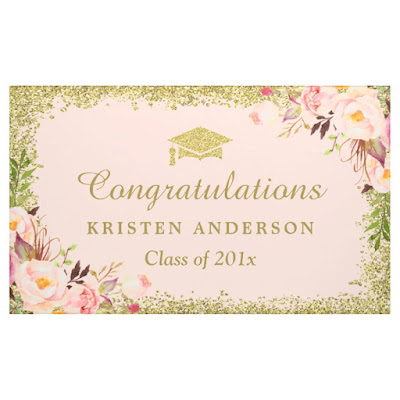  Faux Gold Glitters Blush Pink Floral Graduation Banner