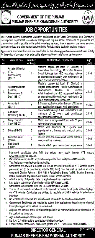 Today New Job in Government of the Punjab Shehr e Khamoshan Authority Jobs 2022 by NTS test