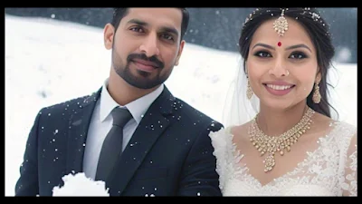 Newlywed Indian couple playing with snowballs in a picturesque snow-capped murree mountain landscape, dressed in traditional wedding outfits