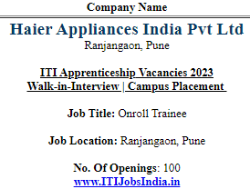 Haier Appliances India Pvt Ltd ITI Apprenticeship Vacancies 2023 Walk-in-Interview | Campus Placement for ITI Apprenticeship