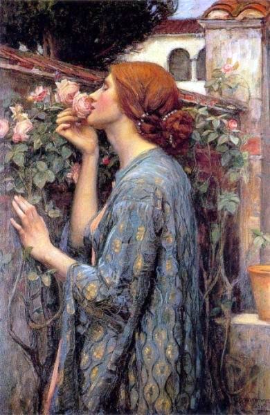 Dipinto di J. W. Waterhouse, una donna dai capelli rossi annusa un roseto rosa