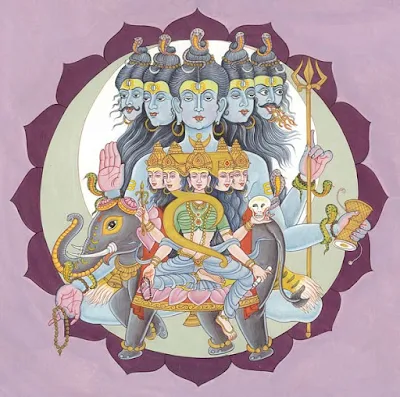 Deities within the Vishuddha Chakra - counterclockwise from the bottom: Ambara, Sadashiva, Shakini