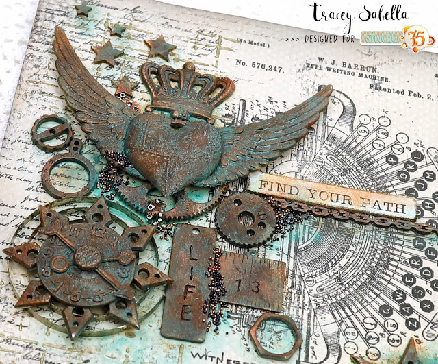 Industrial Steampunk Card by Tracey Sabella for Studio75: #studio75 #scrapiniec #finnabair #Primamarketing #thecraftersworkshop #timholtz #stampersanonymous #helmar #thermoweb #7gypsies #industrial #steampunk #rust #mixedmedia #masculine #masculinecard #card #cards #vintage #typewriter #wings