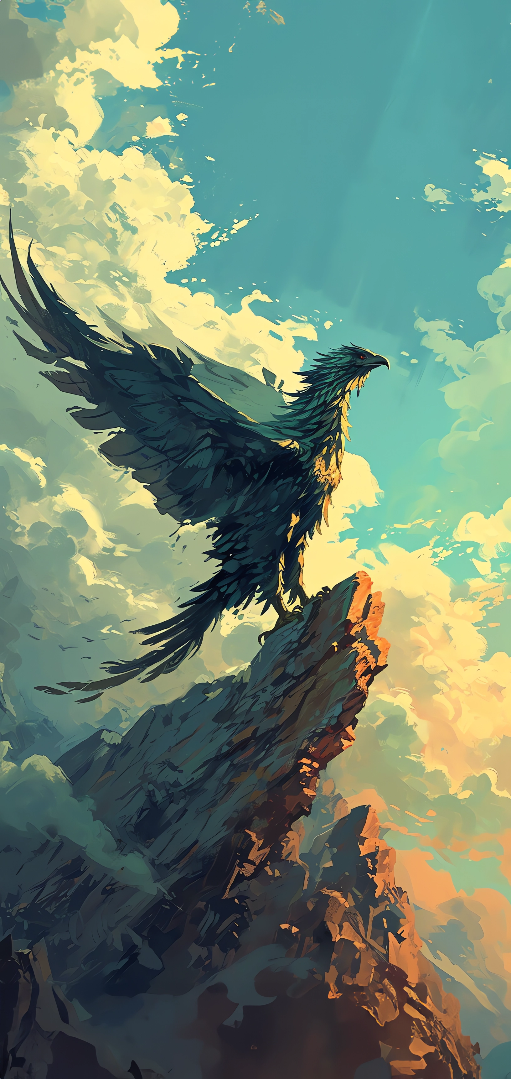 Impressive iPhone wallpaper of a majestic eagle ascending from a rugged cliff against a backdrop of golden clouds.