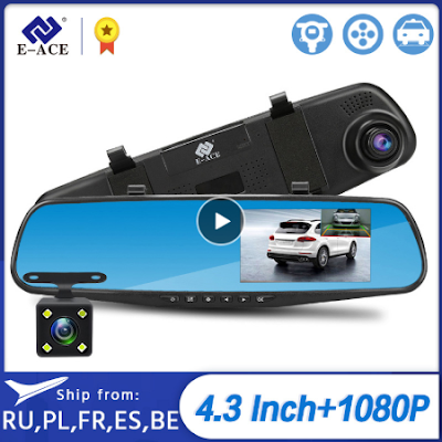 E-ACE Full HD 1080P Cámara del Dvr del coche de espejo retrovisor de 4,3 pulgadas grabadora de Video Digital de doble lente Registratory Camcorder