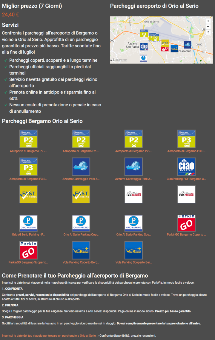 Parcheggio Bergamo Orio al Serio tariffe giornaliere settimanali