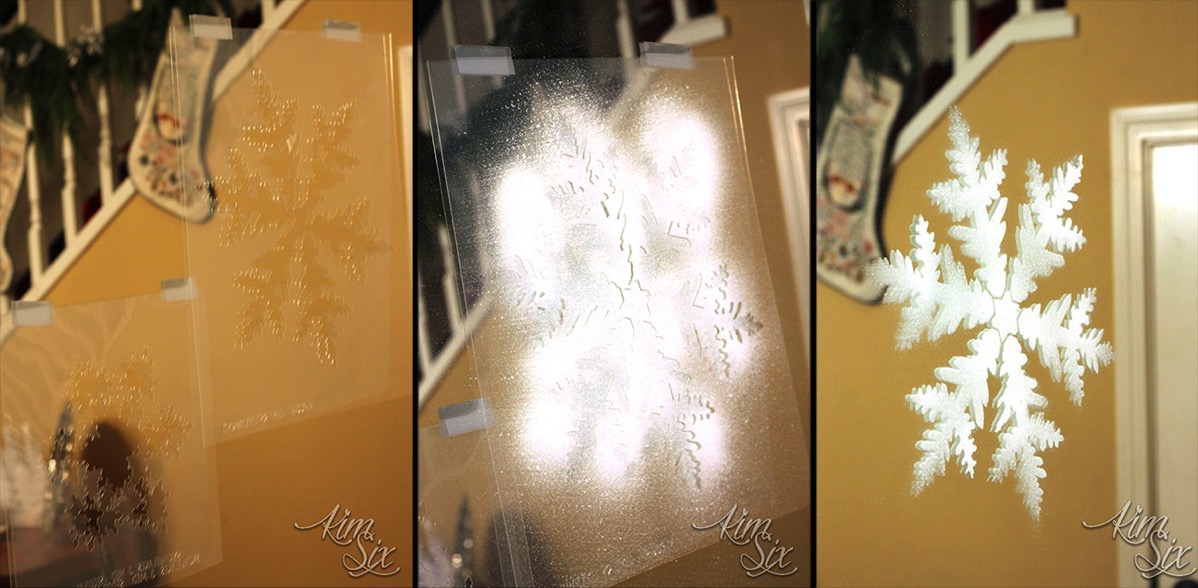 Stenciling glass with spray snow