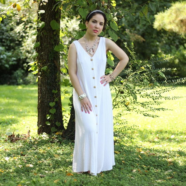 White Maxi Dress with Gold Buttons