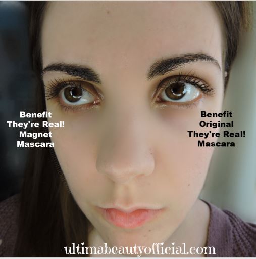 Ultima Beauty's face: Both eyes opened. "Benefit They're Real! Magnet Mascara" printed under left eye. "Benefit Original They're Real! Mascara" printed under the right eye.