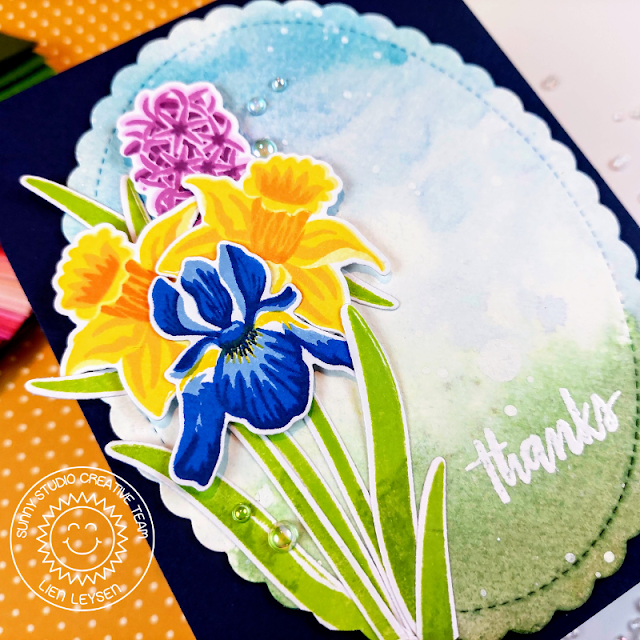 Sunny Studio Stamps: Spring Bouquet Thank You Card by Lien Leysen (featuring Scalloped Oval Mat Dies)