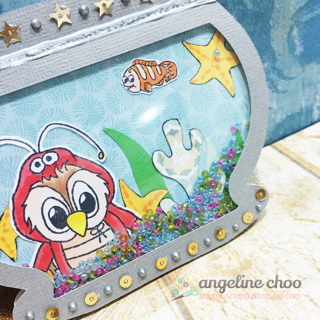 ScrappyScrappy: Fish bowl Shaker Card #scrappyscrappy #thecuttingcafe #jessicalynnoriginal #brentwoodowl #fishbowl #shakercard #card #papercraft #stamp #underwater