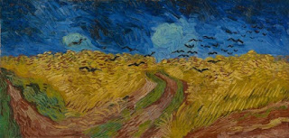 Van Gogh painting. Swirly yellow field with dark blue sky above. Thirty or so simplistic black birds flying.