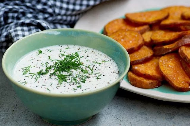 Sweet Potato Chips with Creamy Lemon and Dill Dip #Plantbased #Vegan