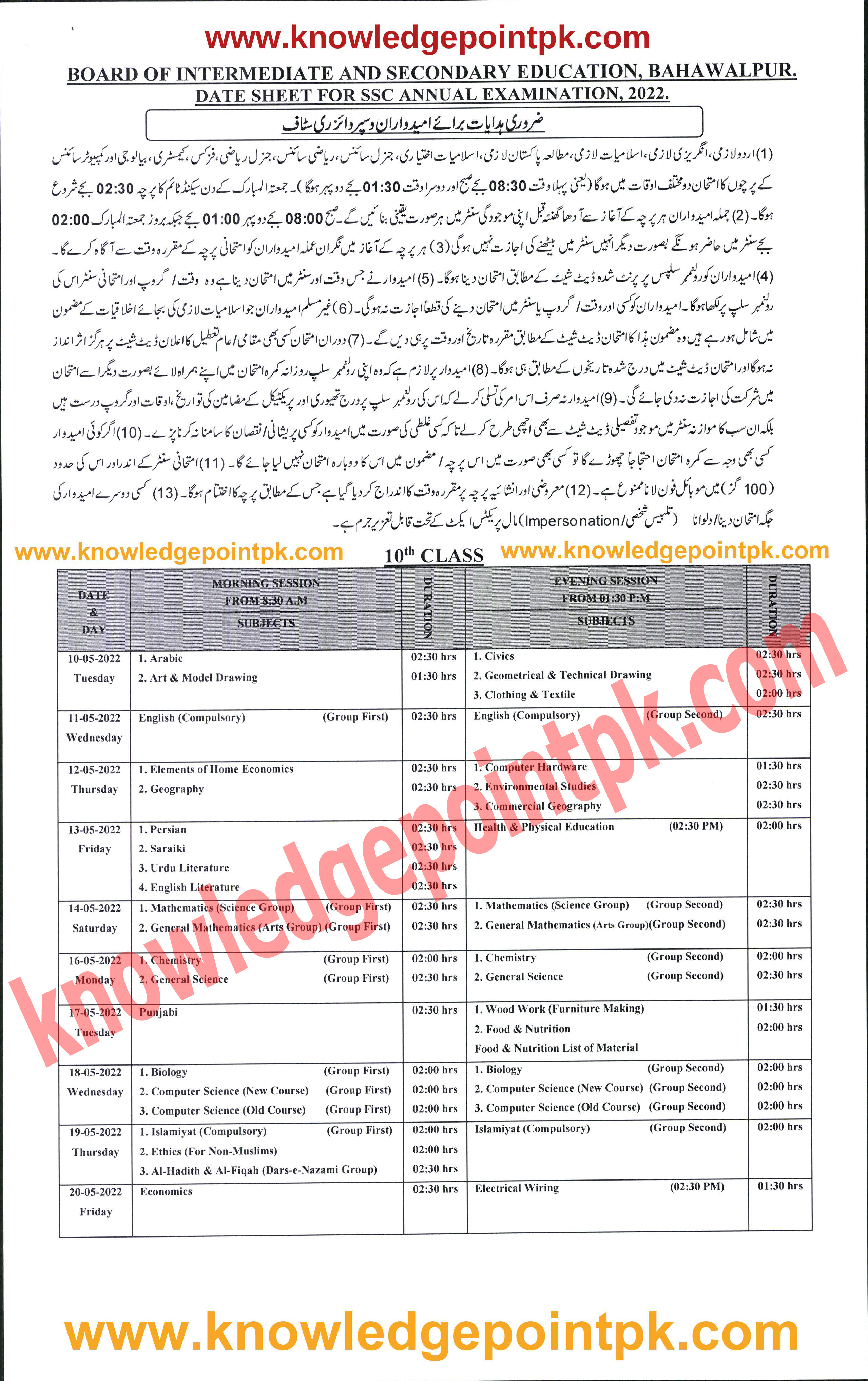 Date Sheet SSC Part(I,II) Annual Examination 2022