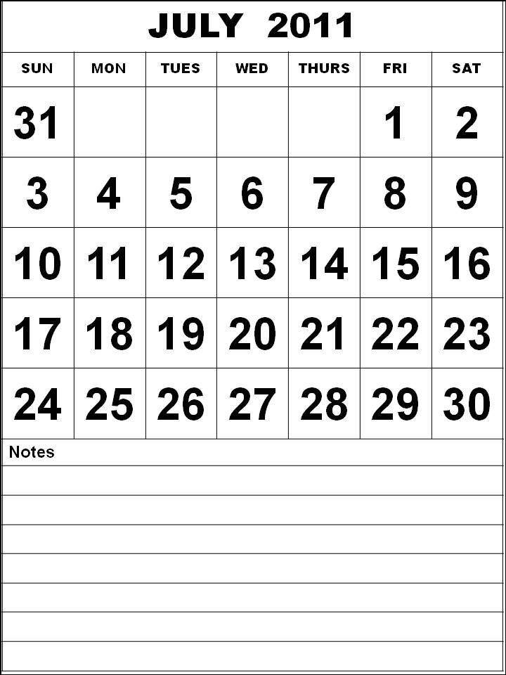 Printable July 2011 Calendar with big fonts and notes