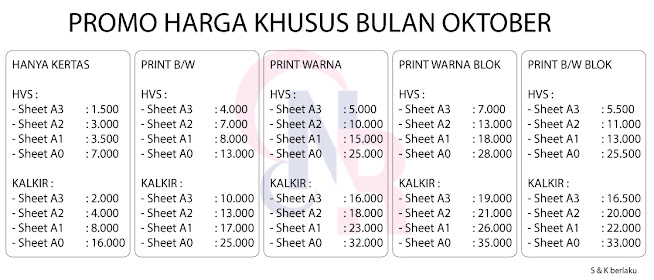 Daftar Harga Print HVS  dan kalkir Warna dan Hitam Putih