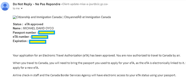 Canadian ETA application result
