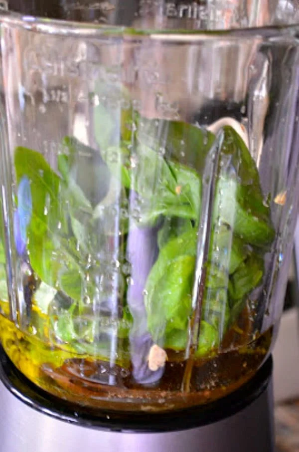 Basil Vinaigrette in a blender for Grilled Romaine Salad.