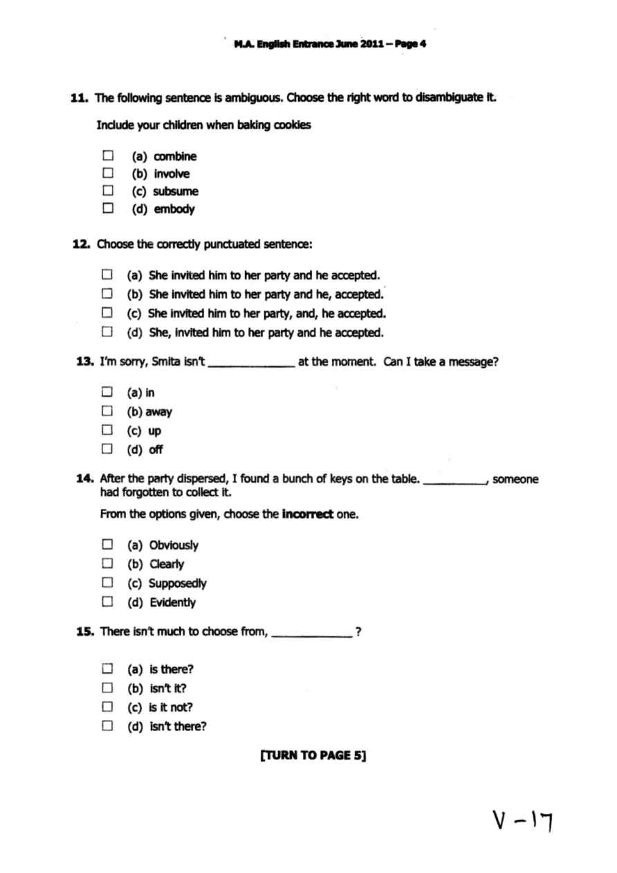 M.A English Entrence Exam Sample Question Paper 2011 | Guahati University Entrance Exam PG