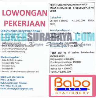 Lowongan Kerja Terbaru di Babo Jaya Stationery Surabaya Mei 2019