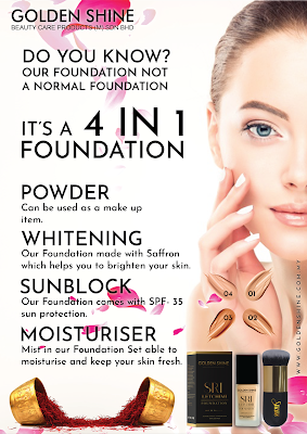 Best Foundation, The Best Foundation For You, Golden Shine, Golden Shine HQ, Foundation, Golden Shine Foundation, Saffron Whitening Foundation, Saffron Whitening Foundation From Golden Shine, Special Foundation, Foundation 4 In 1, Whitening, Sunblock, Powder, Moisturizer, Benefit Of Foundation Golden Shine, Feedback From Customer Golden Shine, Foundation Promotion, Golden Shine Product, Golden Shine Product Promotion,