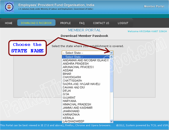 epfo online e-passbook download select establishment state