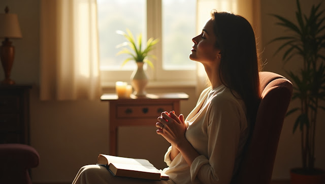 Christian woman praying quietly with a Bible, listening to God's voice in prayer