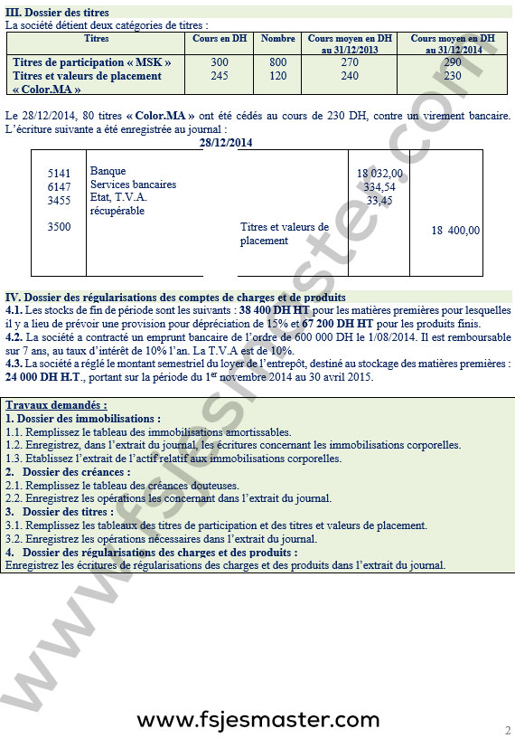 Exemple Examen Licence Epreuve de Comptabilité Générale II 2015 - Fsjes Souissi