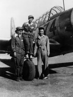 Avenger Field, Sweetwater, Texas; Faith Buchner, Hazel Ying Lee and Grace Clark with BT-13.