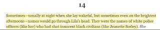 Sometimes—usually at night when she lay wakeful, but sometimes even on the brightest afternoons—names would go through Lila’s head. They were the names of white police officers (like her) who had shot innocent black civilians (like Jeanette Sorley). 