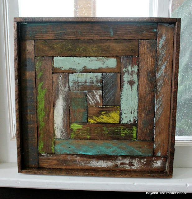 log cabin square, reclaimed wood, lath, old schoolhouse, art, on the wall, minwax stain, http://bec4-beyondthepicketfence.blogspot.com/2016/05/reclaimed-wood-log-cabin-square.html