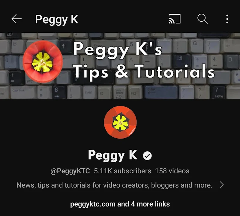 Screenshot of the channel heading for @PeggyKTC YouTube channel in the YouTube mobile app