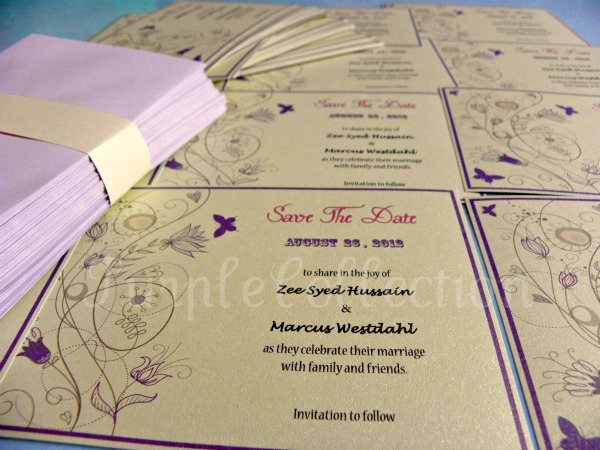 Swirl, Purple, Floral, save the date, cars, zee, marcus, zee & marcus, swirl purple floral, zee syed hussain, marcus westilahi