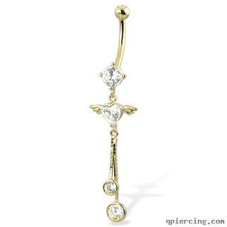 14K solid yellow gold navel ring with winged heart-shaped CZ and two dangling gems