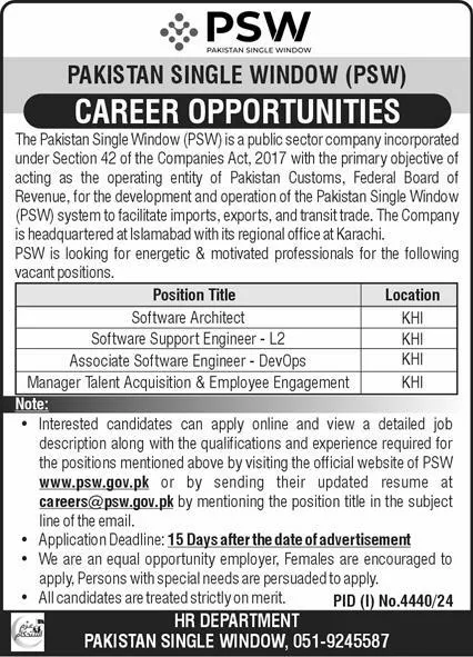 Pakistan Single Window PSW Jobs Karachi 2025
