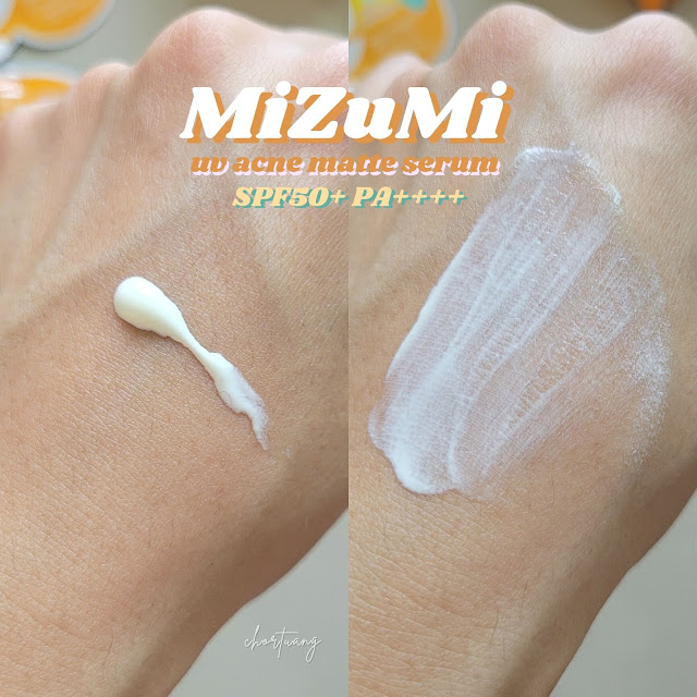 review MizuMi uv acne matte serum chortuang รีวิวกันแดด กันแดดเซรั่ม เซรั่มกันแดด ช่อตวง มิซึมิ เนื้อสัมผัส สีขาว เกลี่ยง่าย แมท คุมมัน