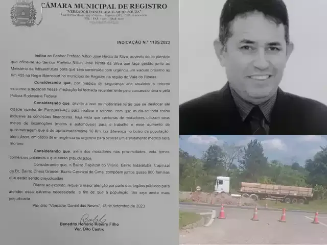 Vereador Dito Castro protocolou na Câmara de Registro-SP - indicação da Construção de um Viaduto no KM 455