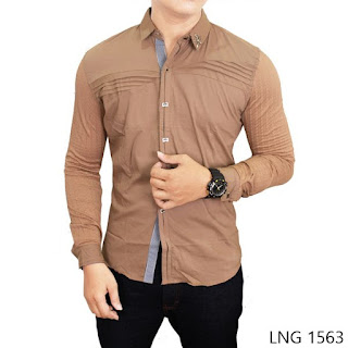 Kemeja Laki Laki Lengan Panjang Fashion Stretch, Coklat, Stretch, M-L