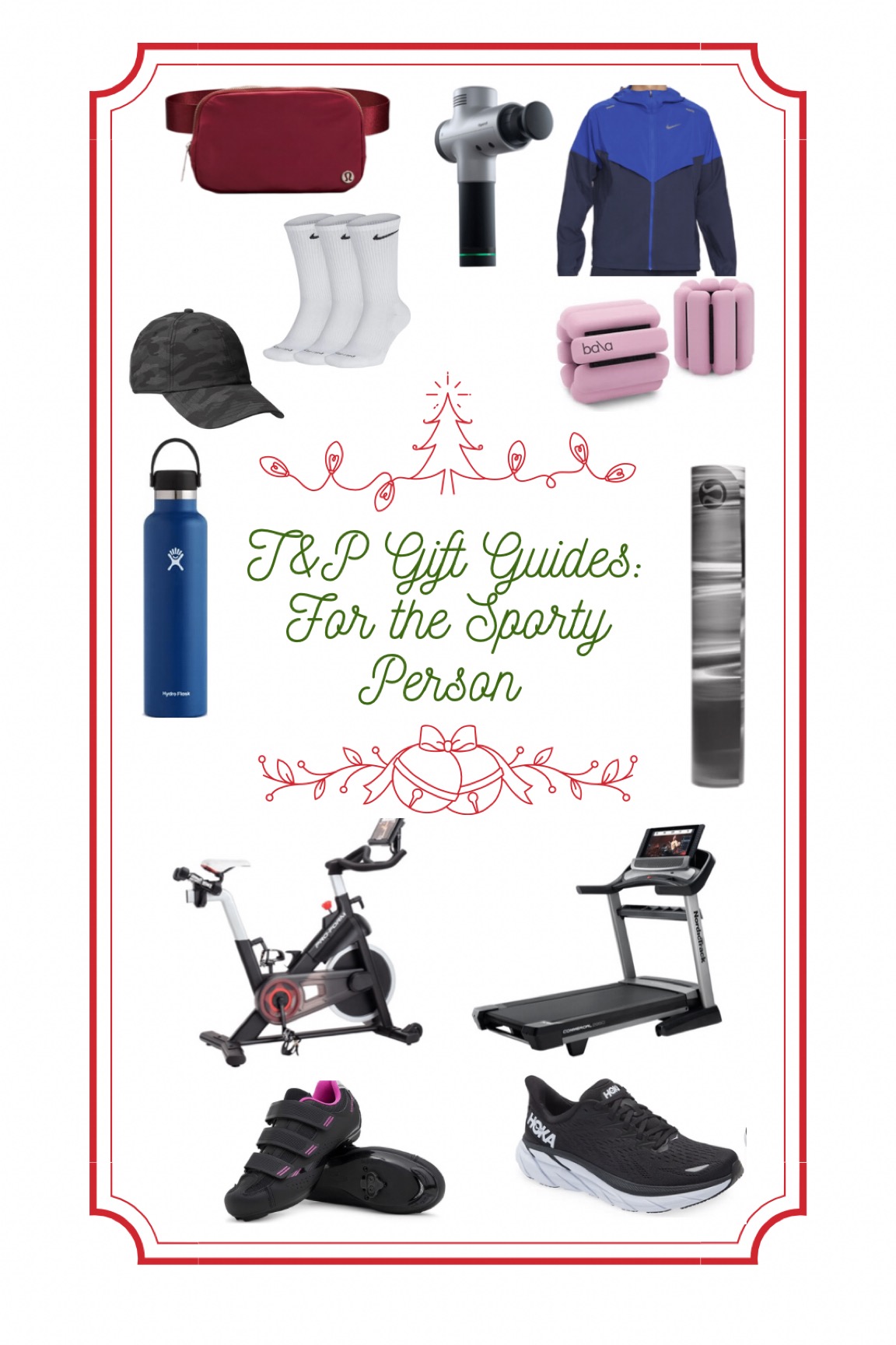 gifts for the sporty person, trainers, sneakers, cycling shoes, athletic, exercise, fit person, indoor bike, stationary bike, exercise bike, yoga matt, workout bag, belt bag, fanny pack, water bottle, hydro flask, treadmill, sneakers, weights, ankle weights