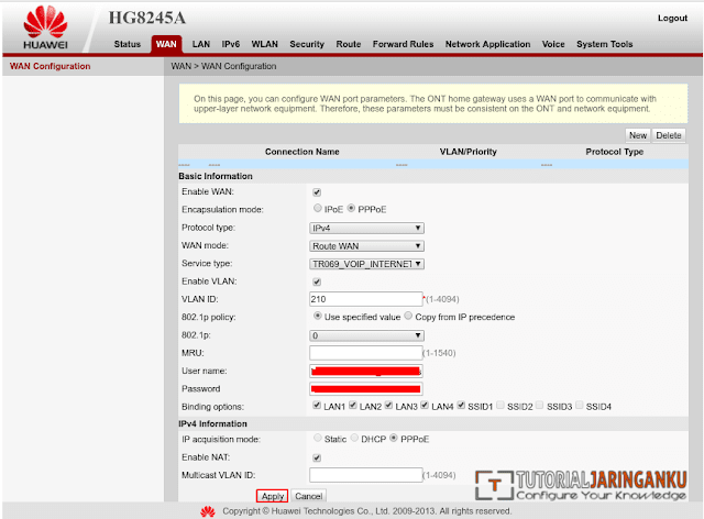 Konfigurasi WAN PPPoE modem ONT Huawei HG8245A